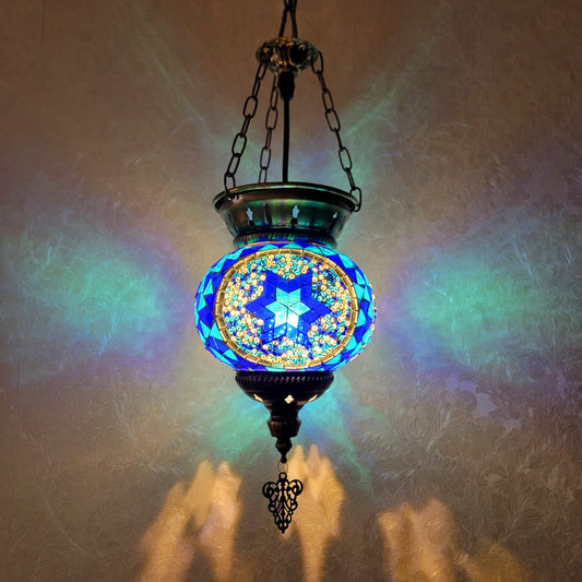 Turkish Blue Diamond Mosaic Glass Hanging Candle Lantern Handcrafted - 1021-1P