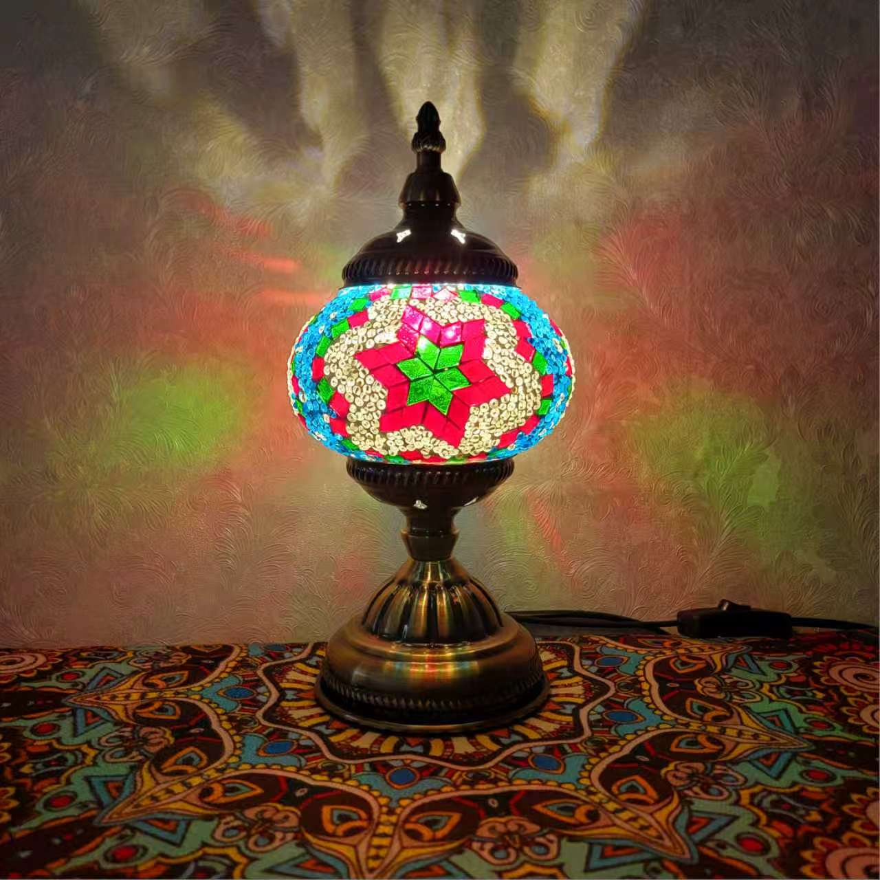 Turkish Mosaic Glass Handcrafted Table Lamp – Multicolor Star Pattern - 6602-1T