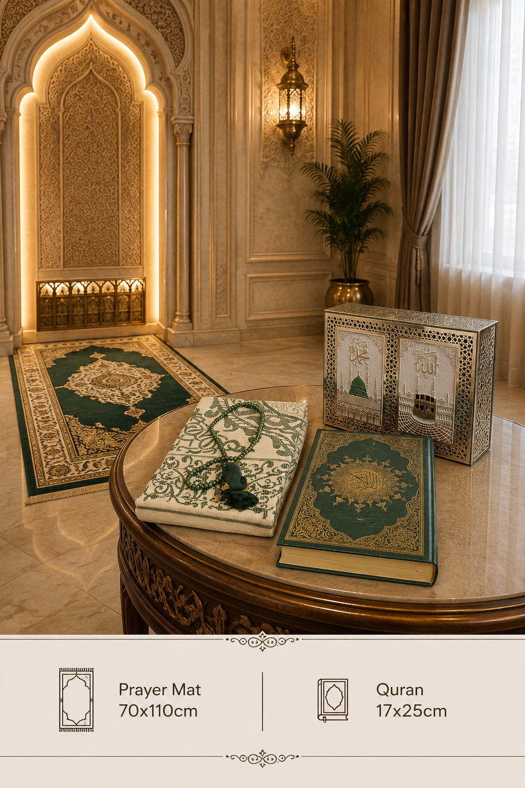 Emerald Serenity Quran Gift Set with Prayer Mat and Prayer Beads - 0560 -