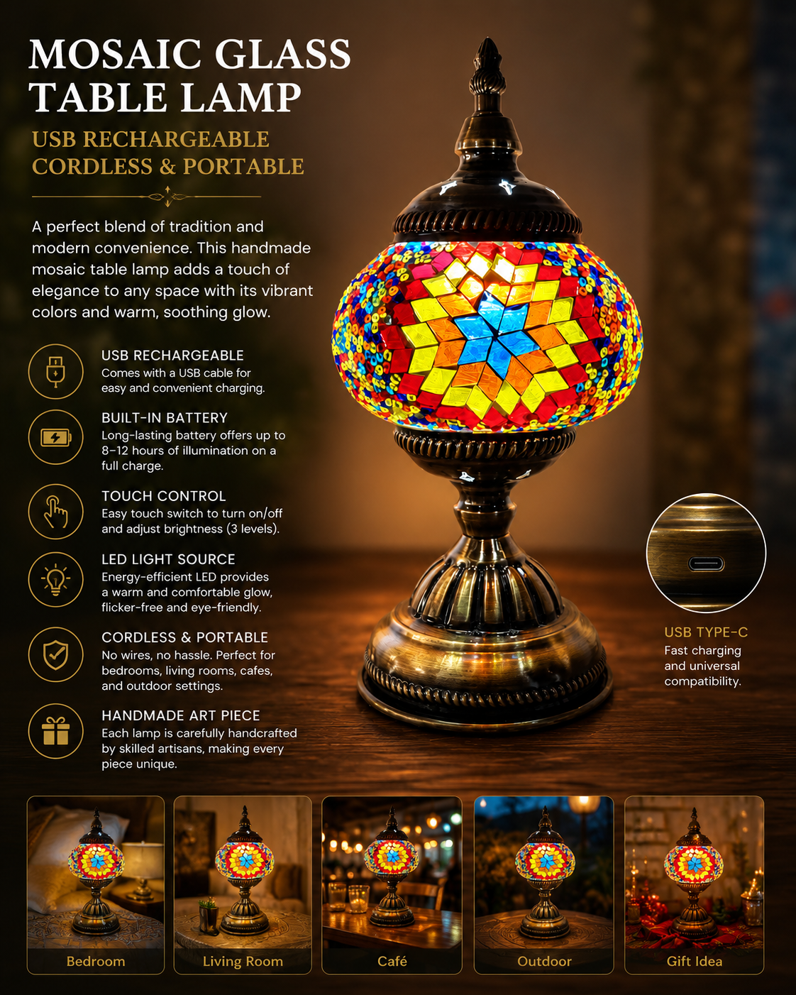 Turkish Mosaic Glass Handcrafted Table Lamp - 6602-1T(USB)