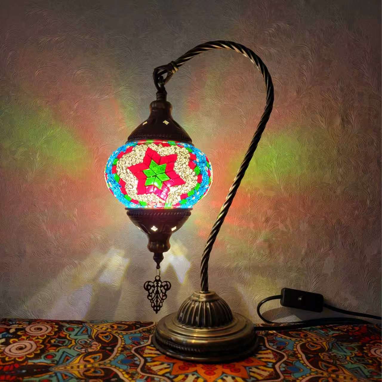 Turkish Mosaic Glass Handcrafted Swan Neck Style Bedside & Desk Lamp - 2096-1T