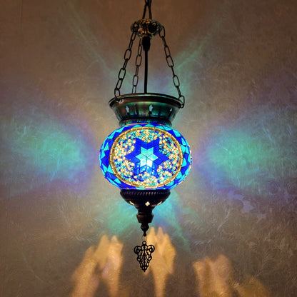 Turkish Blue Diamond Mosaic Glass Hanging Candle Lantern Handcrafted - 1021-1P