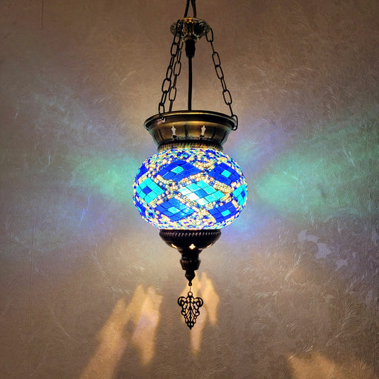 Turkish Blue Diamond Mosaic Glass Hanging Candle Lantern Handcrafted - 1021-1P