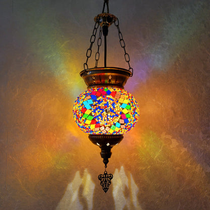 Turkish Blue Diamond Mosaic Glass Hanging Candle Lantern Handcrafted - 1021-1P