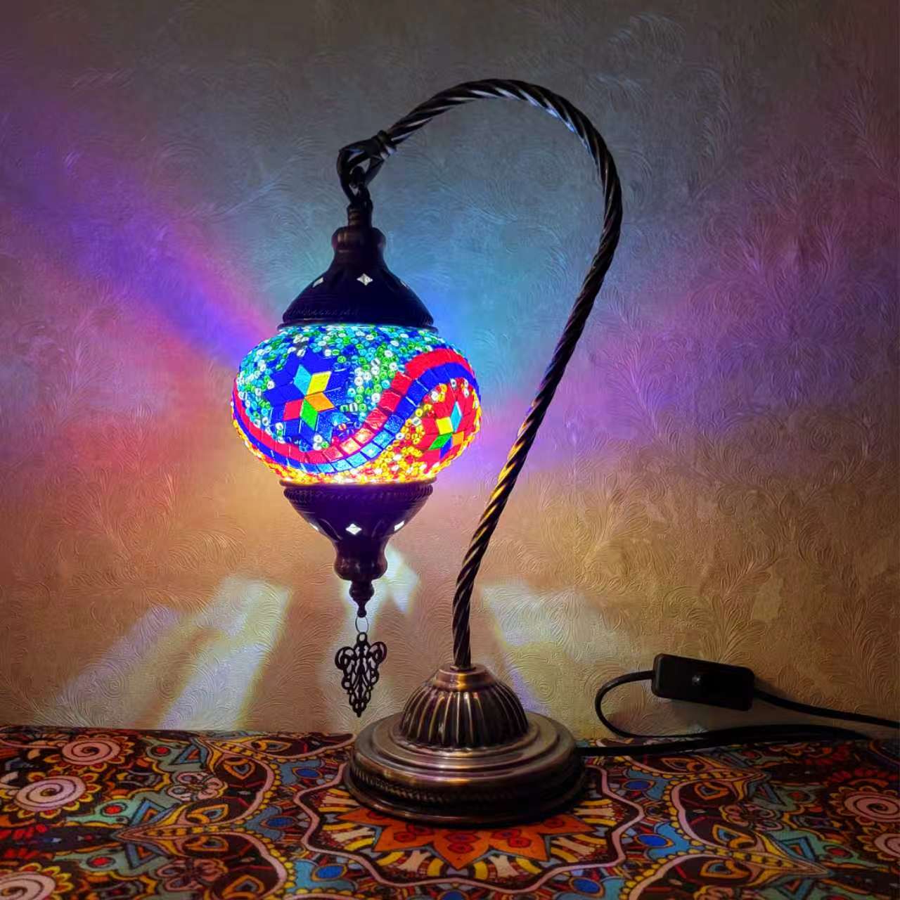 Turkish Mosaic Glass Handcrafted Swan Neck Style Bedside & Desk Lamp - 2096-1T