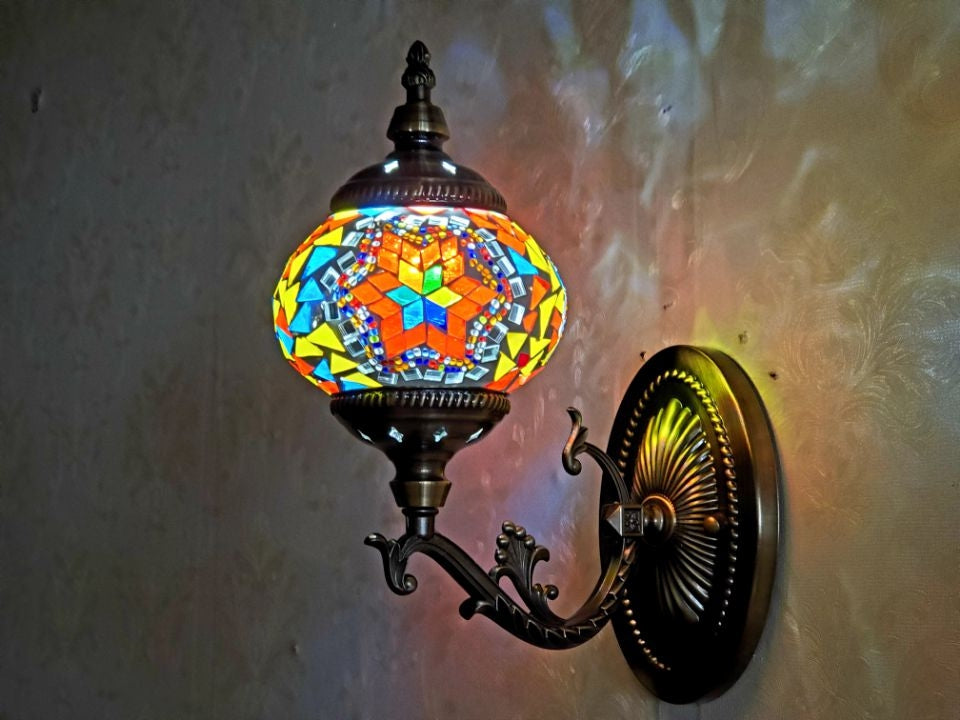 Turkish Honeycomb Mosaic Wall Lamp – Handcrafted Multicolor Glass Wall Sconce - 1320-1W
