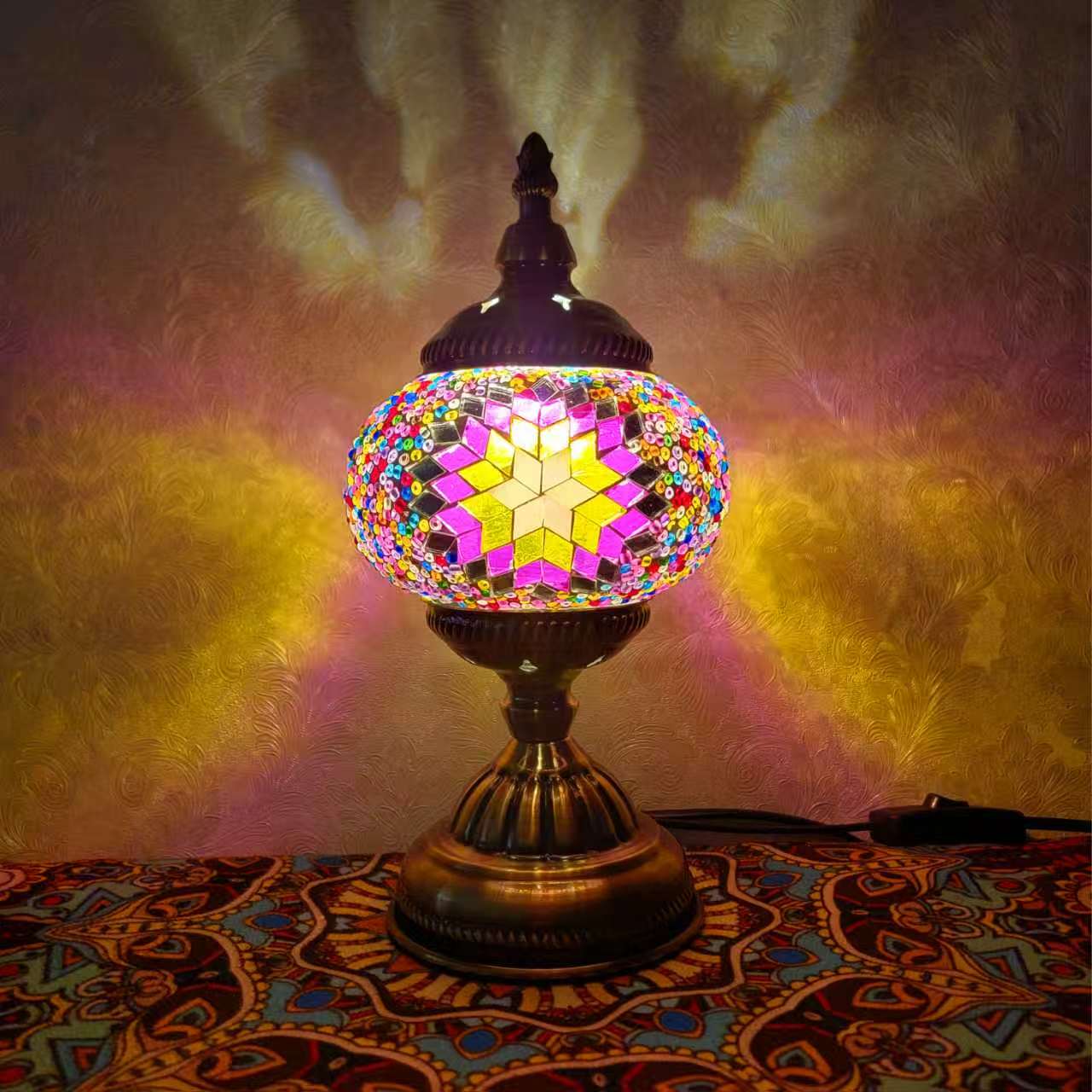 Turkish Mosaic Glass Handcrafted Table Lamp – Multicolor Star Pattern - 6602-1T