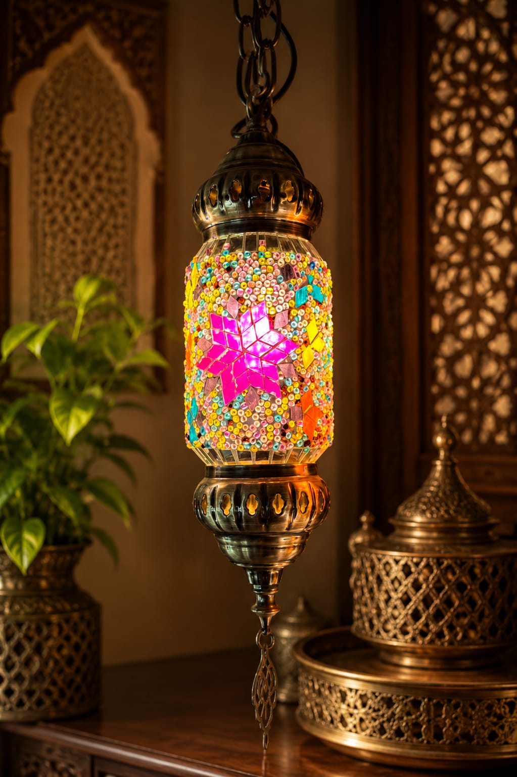 Turkish Mosaic Glass Handcrafted Cylinder Lantern - 6776-1P(12cm)