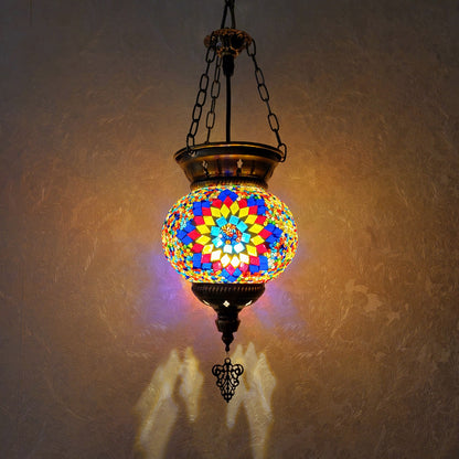 Turkish Blue Diamond Mosaic Glass Hanging Candle Lantern Handcrafted - 1021-1P